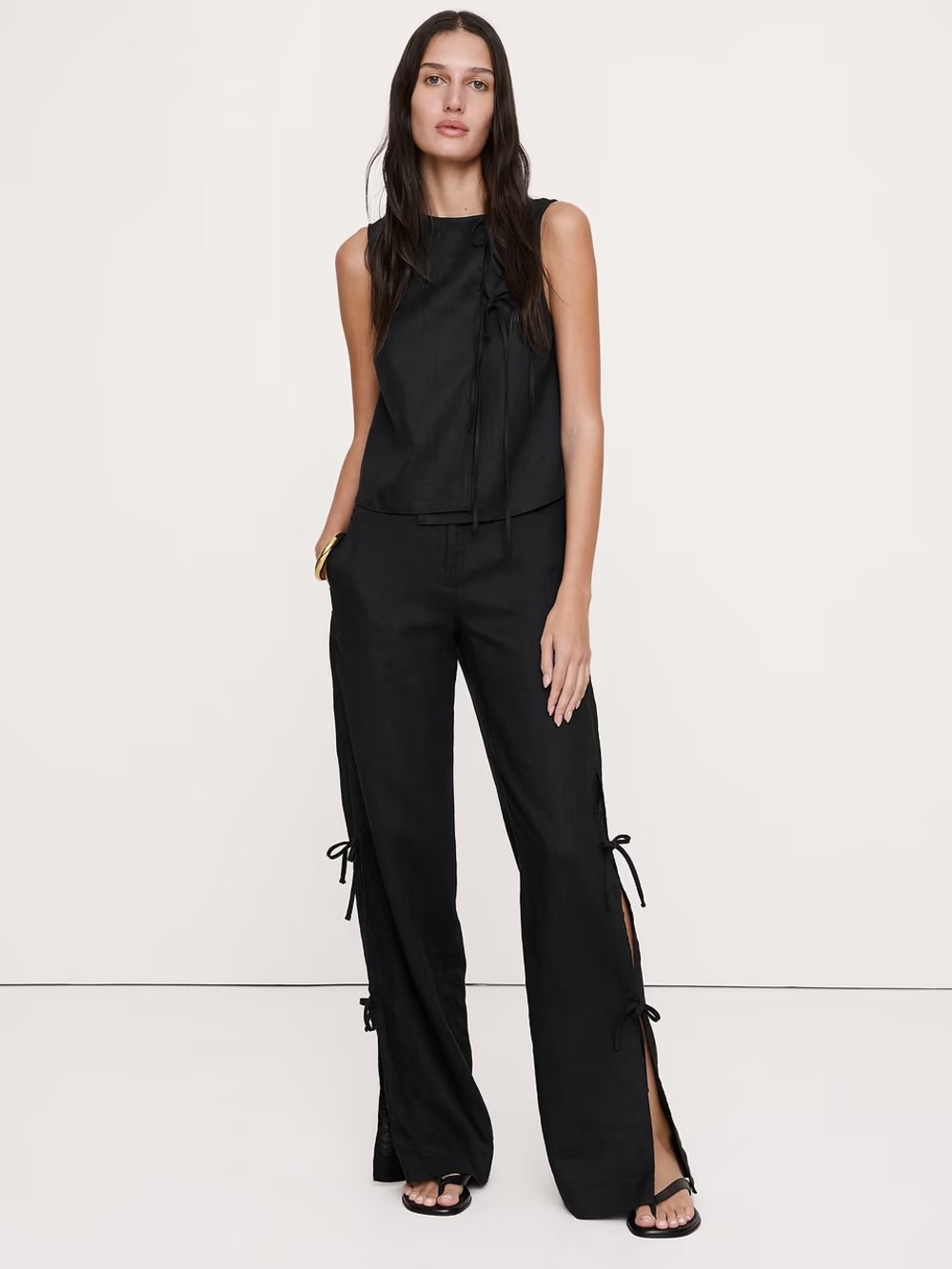 NWOT Banana Republic Black Wide-Leg Linen Pants with Side Tie Details